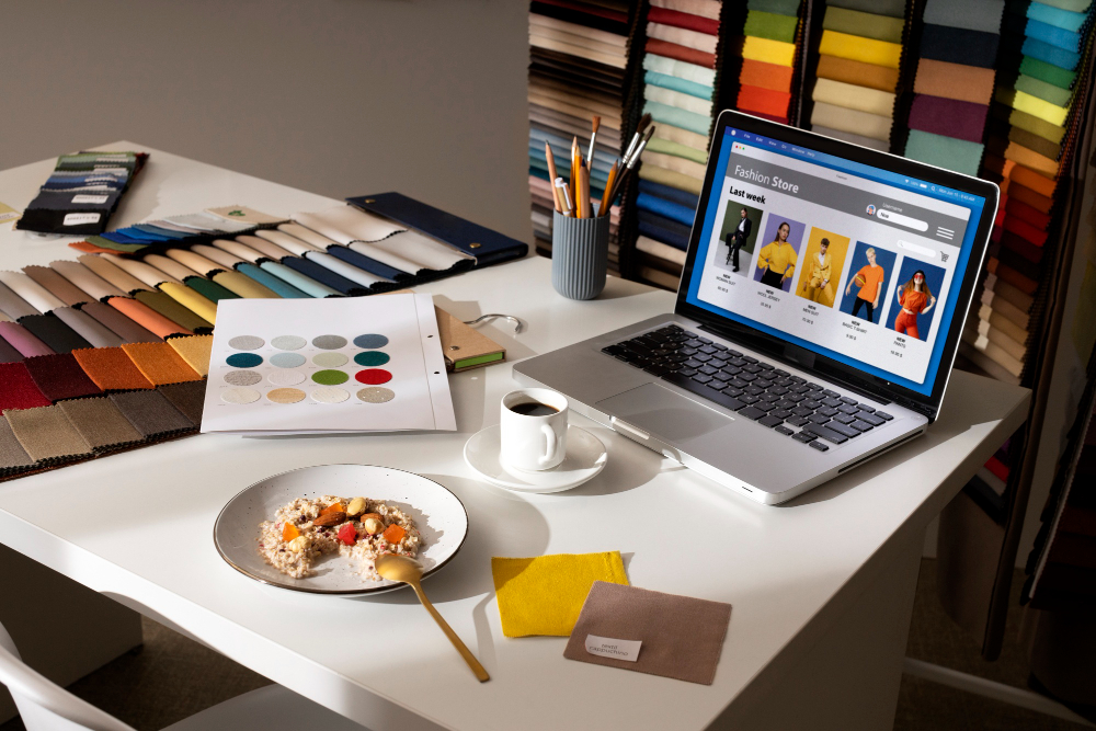 A fashion designer's workspace with fabric swatches, a laptop displaying a fashion store website, a plate of food, a cup of coffee, and drawing supplies on a white table with colorful fabric rolls in the background.