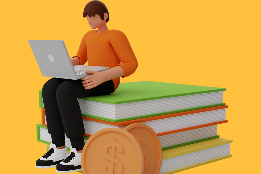 A person in an orange sweater and black pants sitting on a stack of colorful books while using a laptop, with oversized coins featuring dollar sign symbols next to the books, against an orange background.
