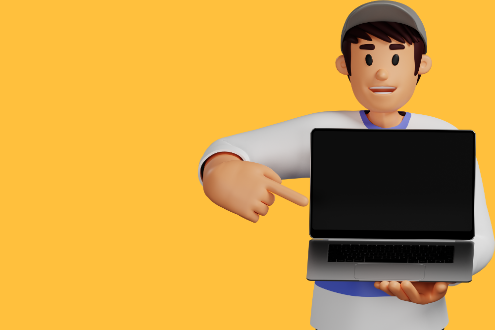 Person in a white and blue t-shirt holding an open laptop with a blank screen, pointing to the screen, on a yellow background.