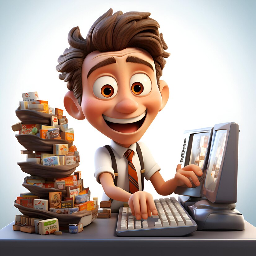 A cartoon man sitting at a desk surrounded by stacks of books, ready to dive into knowledge.