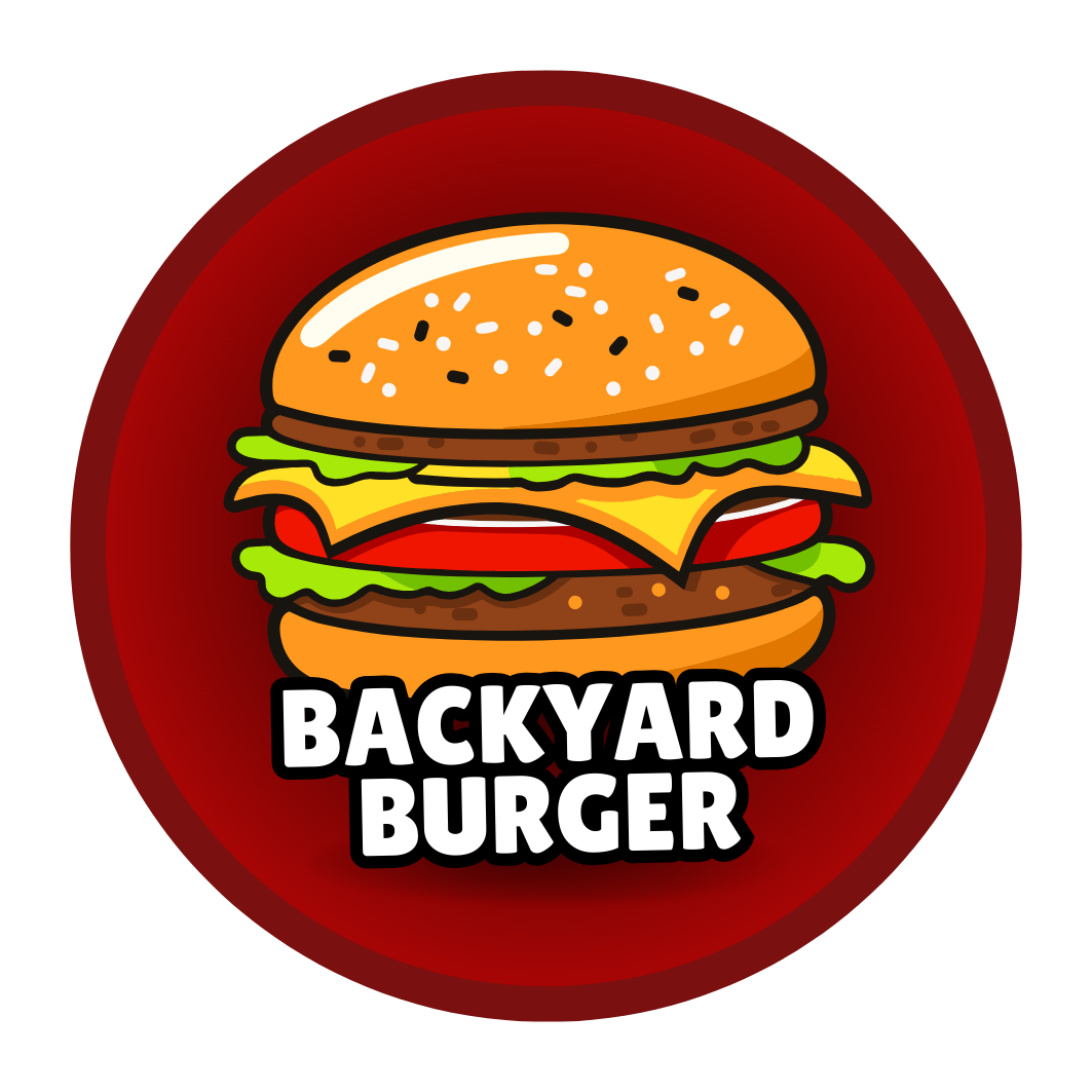 A delicious hamburger with the words "Backyard Burger" on a sesame seed bun.