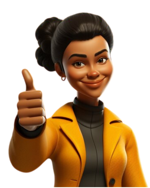 A person with a neat bun hairstyle wearing a yellow coat over a black shirt, giving a thumbs-up gesture against a yellow background.