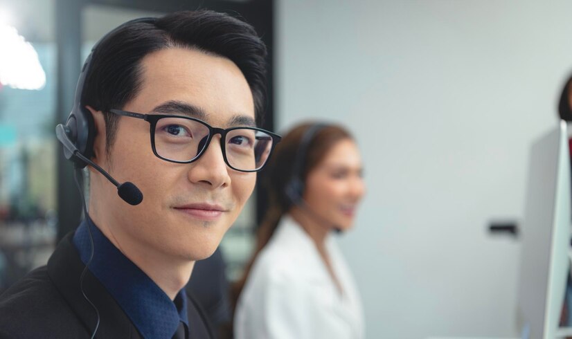 Call center agent team customer service support wearing headset or headphone talking with customer