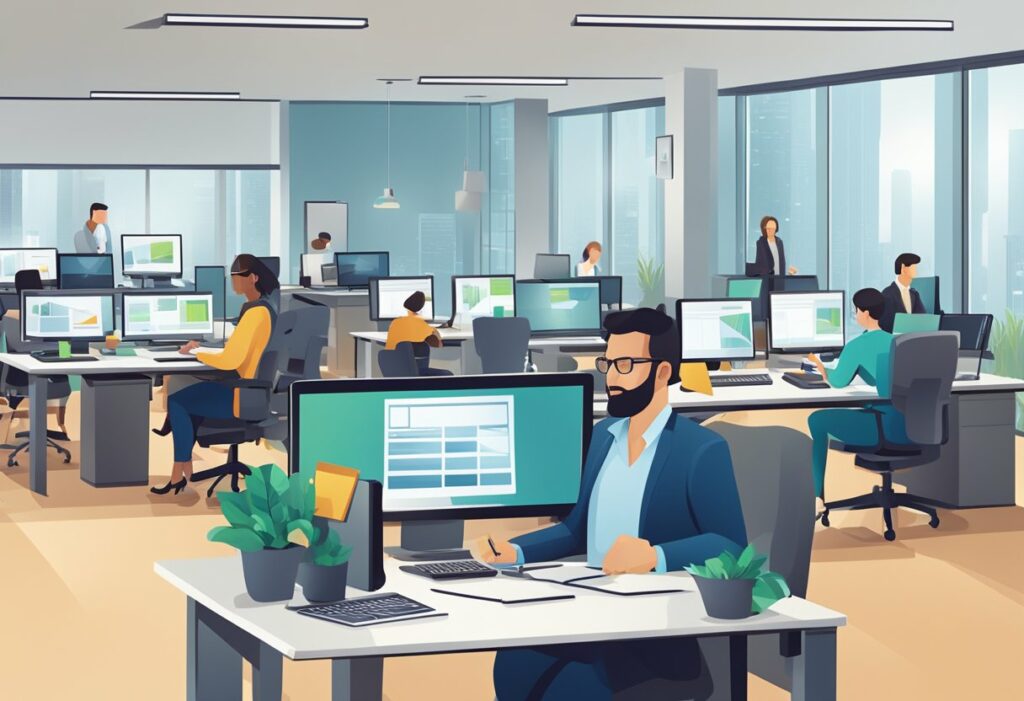 A busy office with employees focused on their computers.